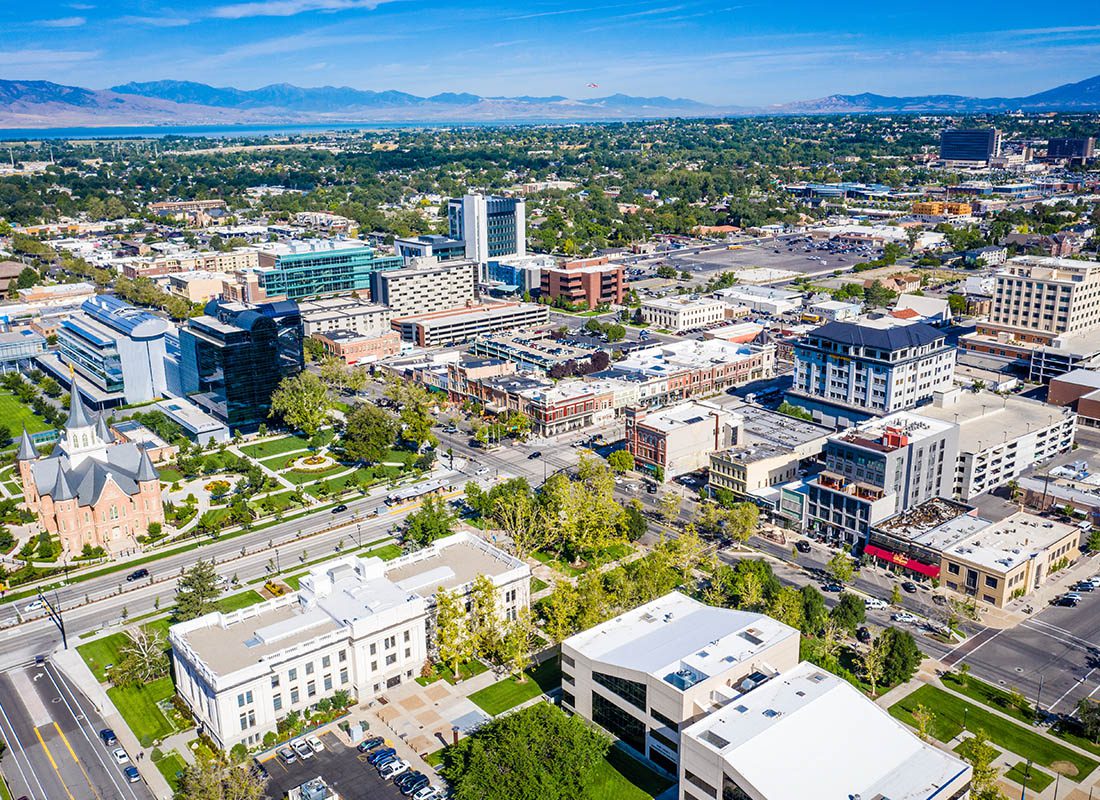 Orem, UT - Aerial View of Downtown Provo Utah on a Sunny Day